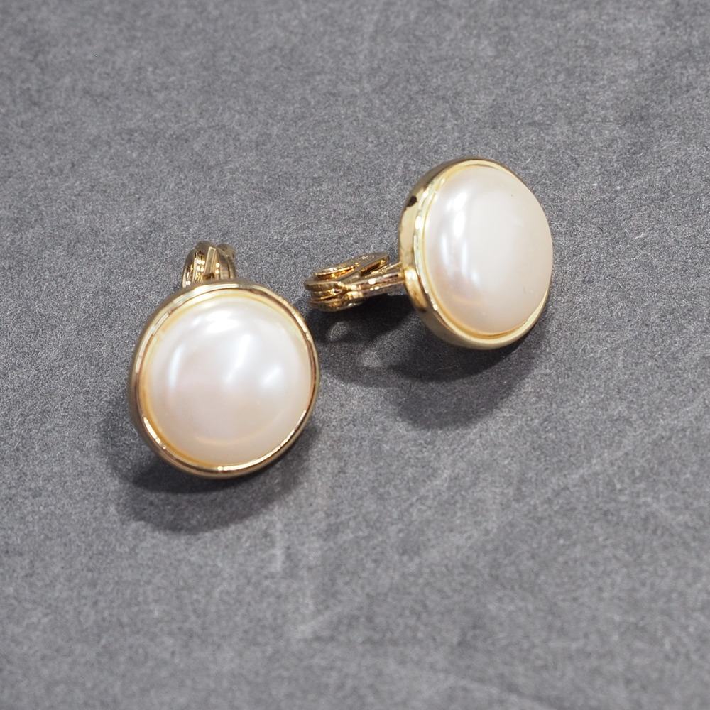 Vintage HMN Signed Clip-On Earrings AB Faux Pearl Gold Tone Bezel Set